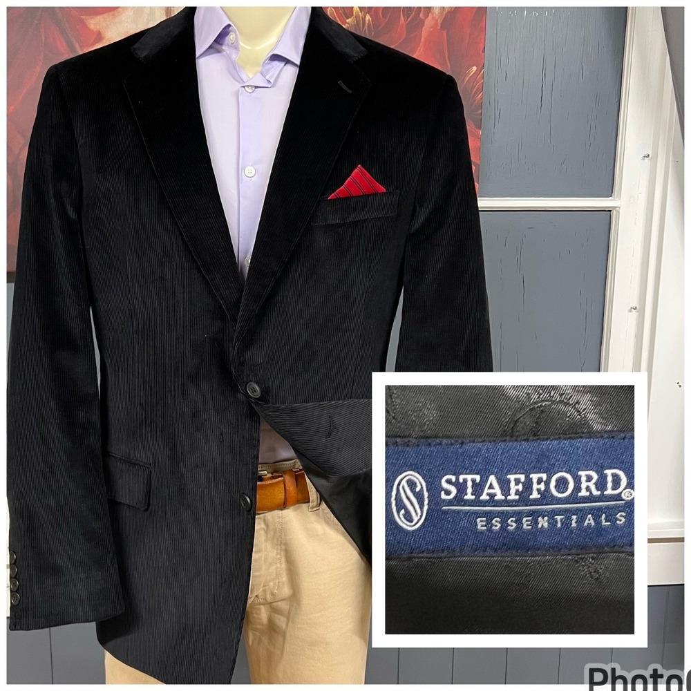 Stafford Corduroy Blazer Jacket Sport Coat Men 44L Long Classic Fit Cotton Black